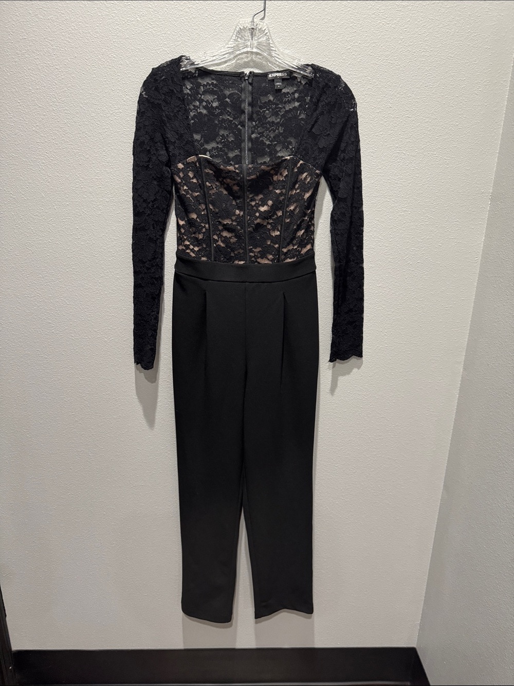 Express Black Lace Long-Sleeve lace Jumpsuit with Nude Lining